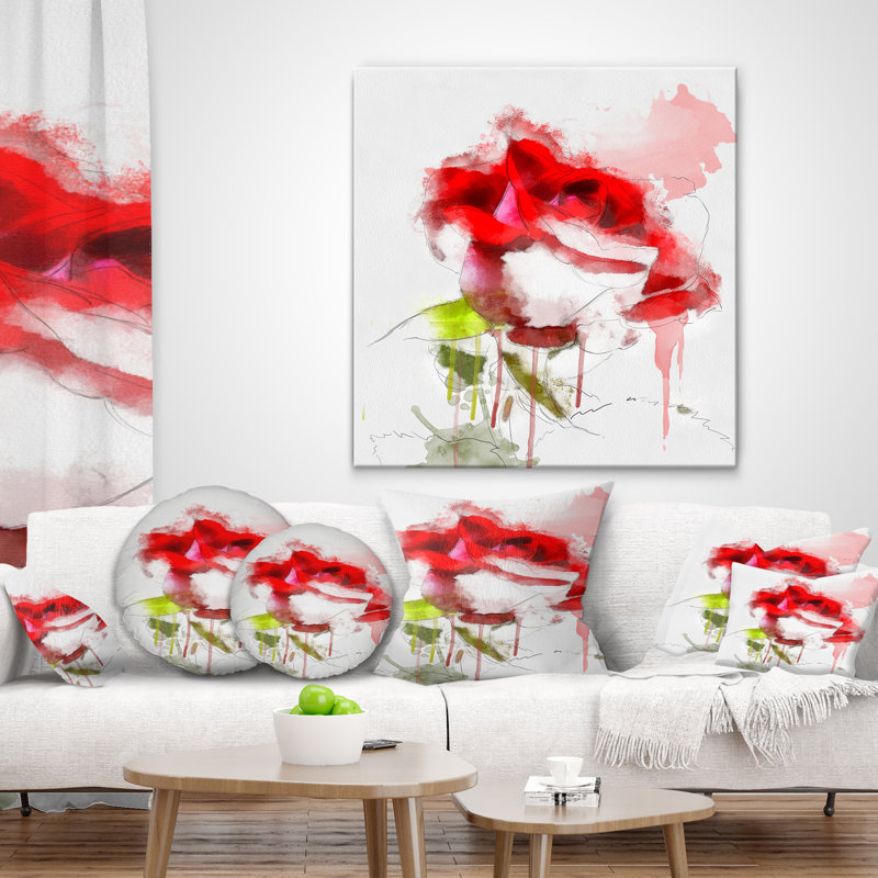 Croquis de rose rouge avec éclaboussures rouges - Coussin décoratif à imprimé floral