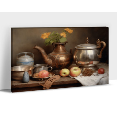 Grande cuisine, art mural sur toile, cuisine vintage, nature morte, impressions sur toile, art mural, peinture, théières en cuivre, fleurs de fruits, œuvre d'art pour la salle à manger, décoration murale prête à être suspendue, 36 po x 48 po