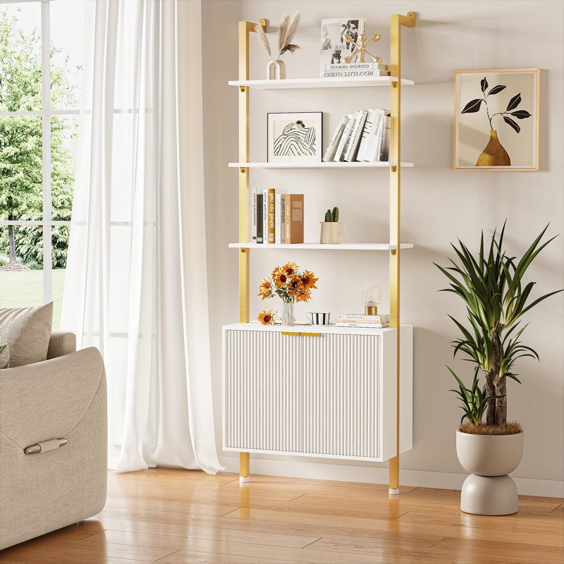 Étagère murale de 188 cm de haut avec garde-robe de rangement, style échelle moderne, structure en bois et en métal, idéale pour le salon, la chambre à coucher ou le bureau. Couleur blanche et chêne.