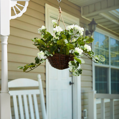 Faux Flowers, Geranium Hanging Natural and Lifelike Floral Arrangement with Basket for Home or Office
