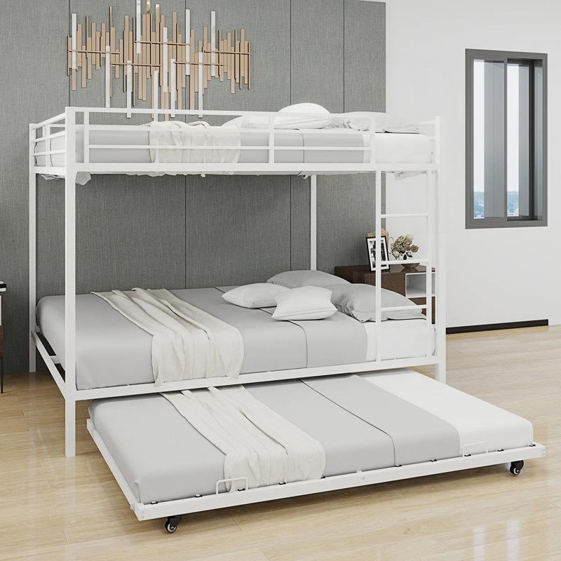 Queen Size Bunk Bed With Trundle, White, Queen