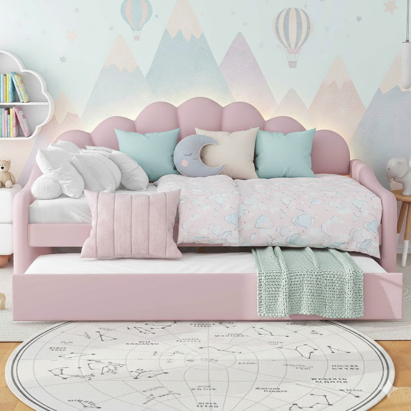 Full Size Upholstery Daybed Frame with Trundle, Pink