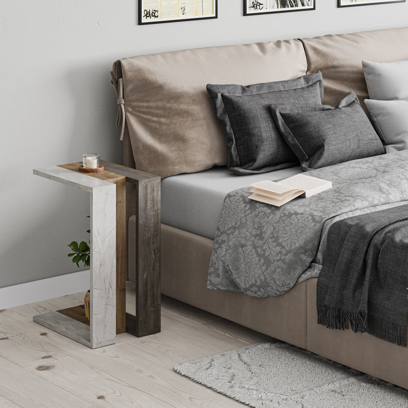 End Table, White Marble/Oak/Gray