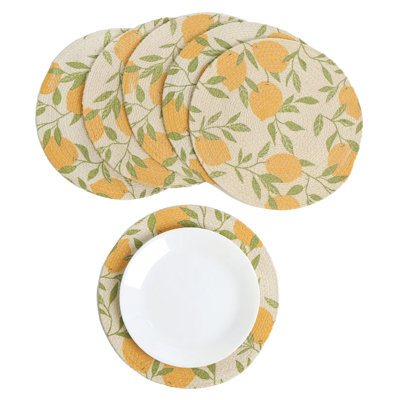 Lemon Printed Braided Cotton Placemats (Set of 6, 13.5 Inches), Washable Anti-Slip Heat Resistant Mats, Boho Woven Round Table Mats for House Decor, Kitchen and Dining