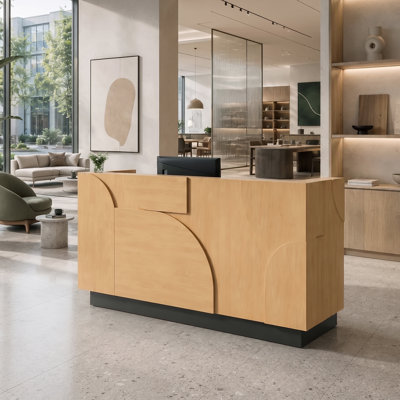 Comptoir d'accueil moderne avec tiroir verrouillable, rangement pour dossiers, prises électriques intégrées et système de gestion des câbles, idéal pour les bureaux, les salons de coiffure et les commerces.