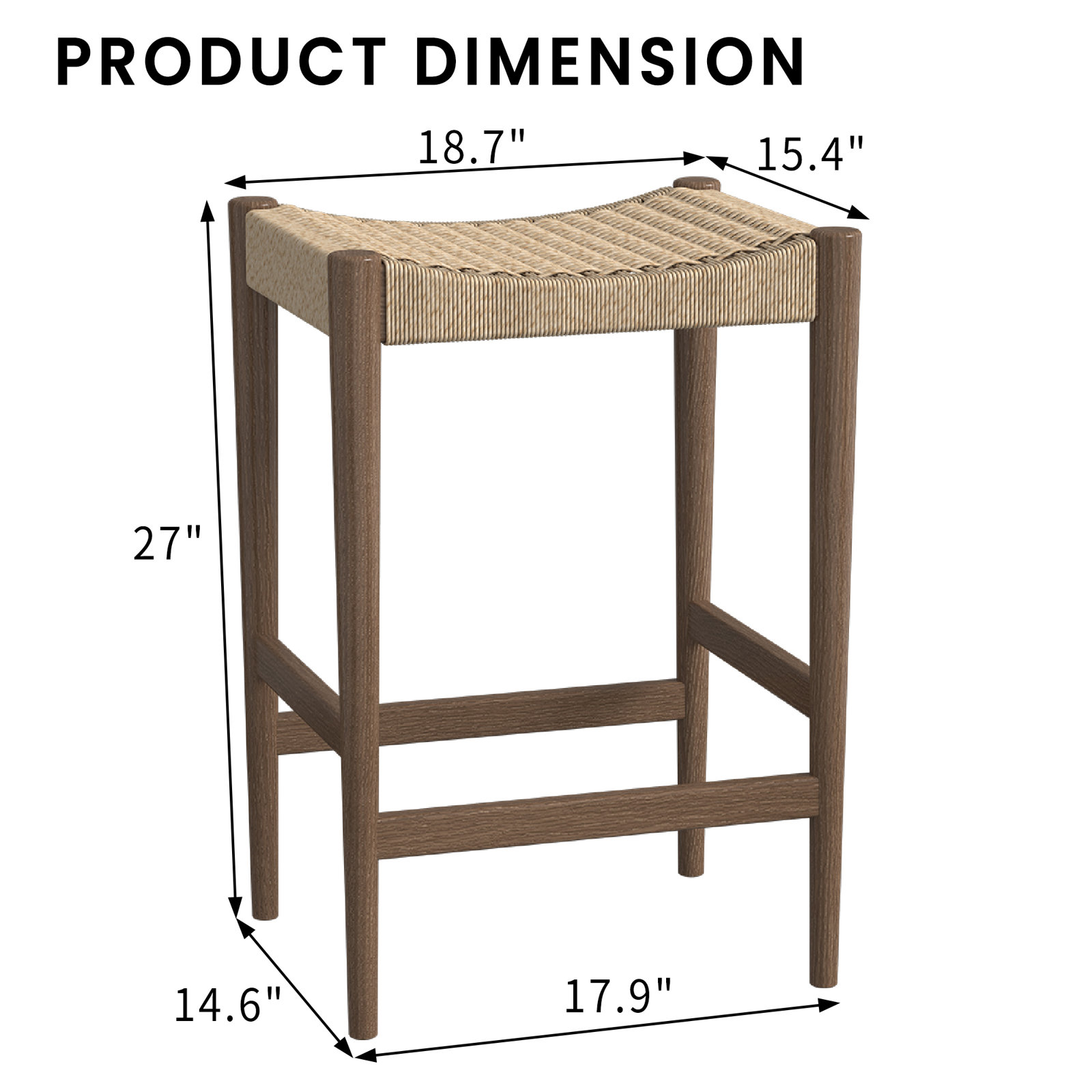 Rustic Walnut Bar Stool,Woven,Solid Oak Wood, Honey
