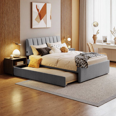 Lit plateforme tapissier pleine grandeur avec lit gigogne simple Teddy - gris, élégant et fonctionnel