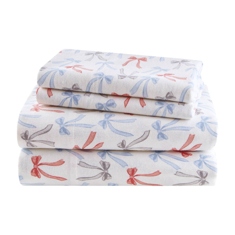 3-Piece 100% Cotton Flannel Pigment Printed Sheet Set,Happy Bows, Multicolor Abstract, Twin Sheet Set