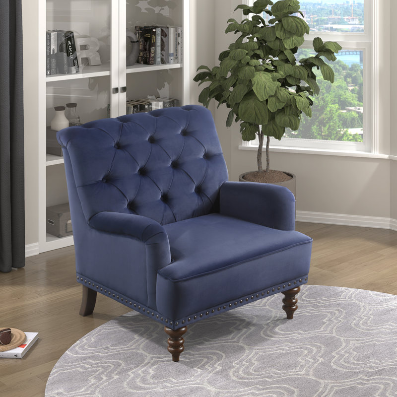 Auguust 34" Traditional Tufted Polyester Accent Chair with Velvet Fabric Upholstery, Nailhead Trim, Button-Tufted Back