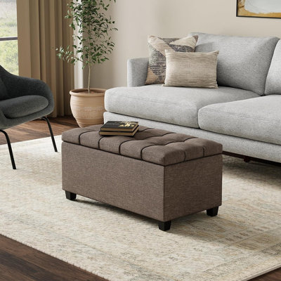 Sienna Brown Linen-Look Storage Ottoman Bench with Tufted Cushion and Lift-Top Lid for Living Room or Entryway