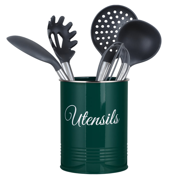 Metal Round Utensil Crock, Green