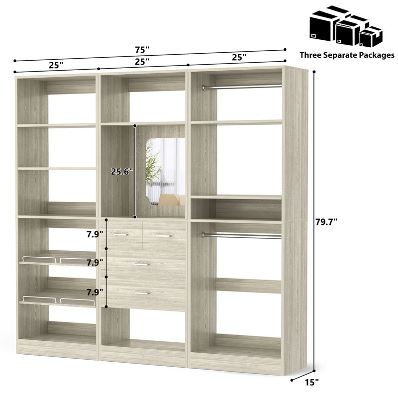 Danniele Freestanding Closet System with Mirror and Wooden Drawers, Washed Oak