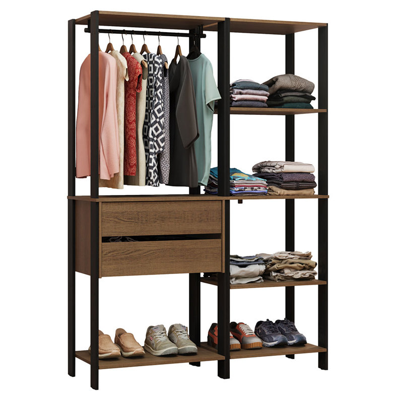  Armoire-penderie avec 2 tiroirs, 7 tablettes et penderie, Brun / Noir