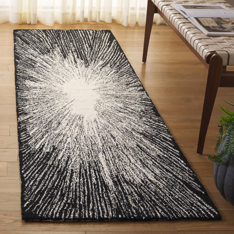 Tapis en laine / coton touffeté à la main Hammill en ivoire / noir, Tapis de couloir 2 pi 3 po x 8 pi
