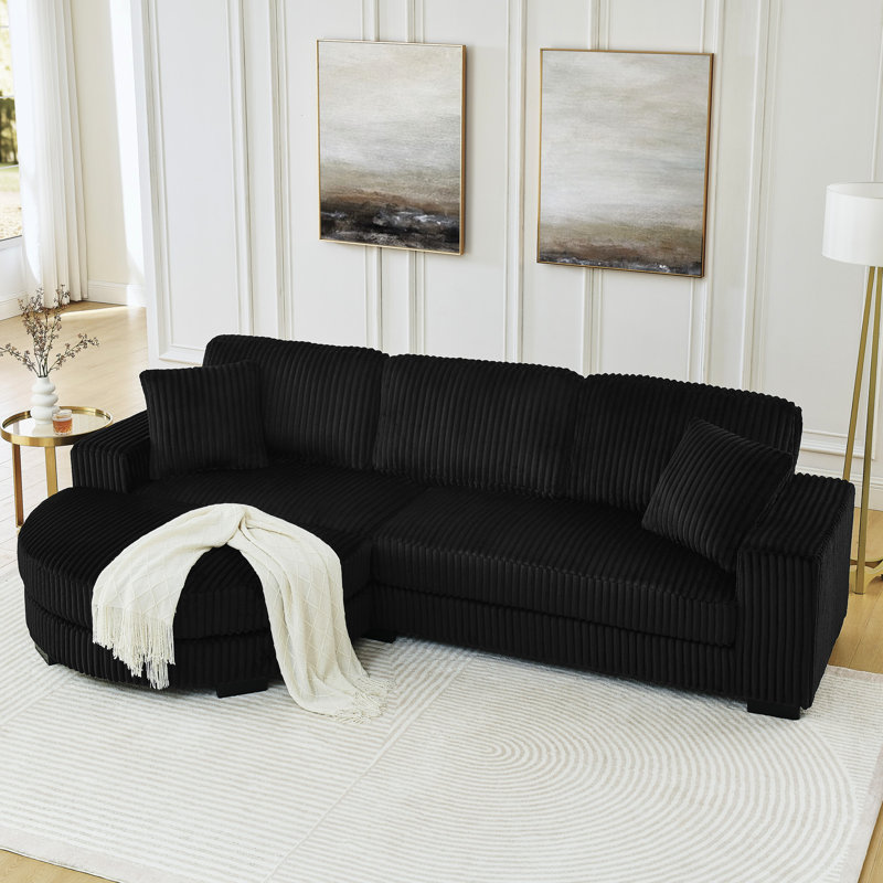 Velours côtelé modulaire en L noir avec coussins de dossier confortables, structure en bois franc et canapé-lit modulaire avec repose-pieds arqué amélioré