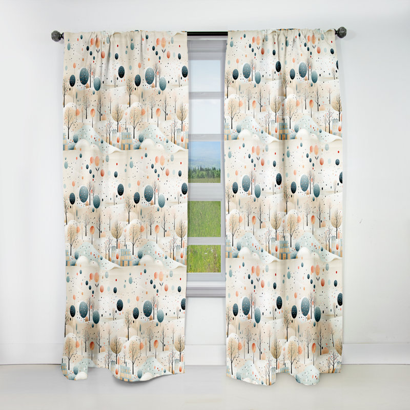 Paire de rideaux gris et bleu à pois avec paysage rétro à pois, L 52 po x L 63 po