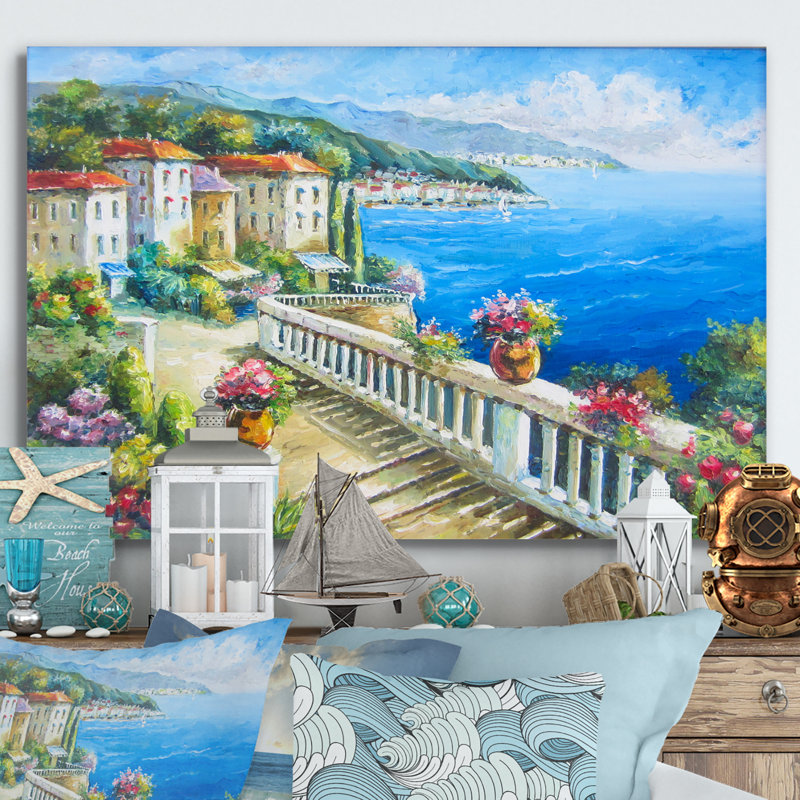 Magnifique paysage côtier de la Grèce III - reproduction sur toile flottante, H 24 po x l 36 po x P 1 po, Toile tendue