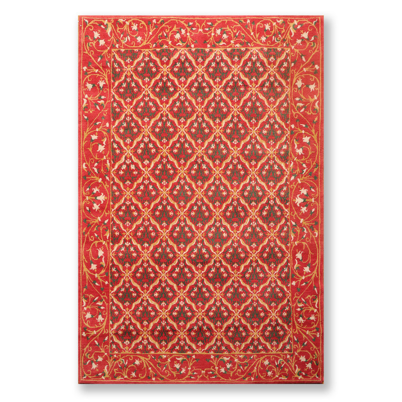 Tapis de zone en laine vert/rose 6' x 9' à la main one-of-kind noué la Aliz