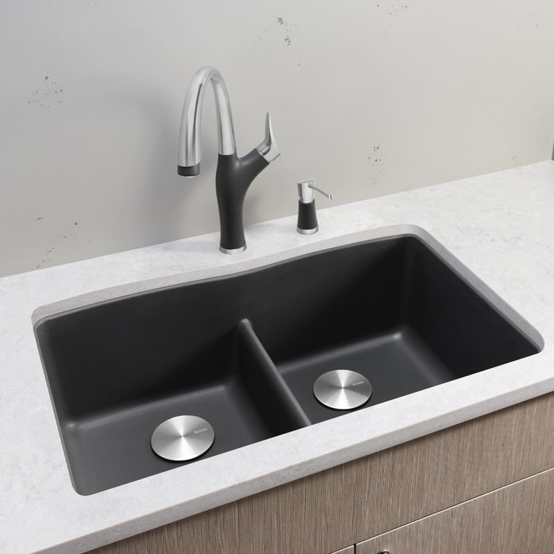 Diamond SILGRANIT 32" L X 19.25'' W Double Bowl Undermount Kitchen Sink with Low Divide, Coal Black
