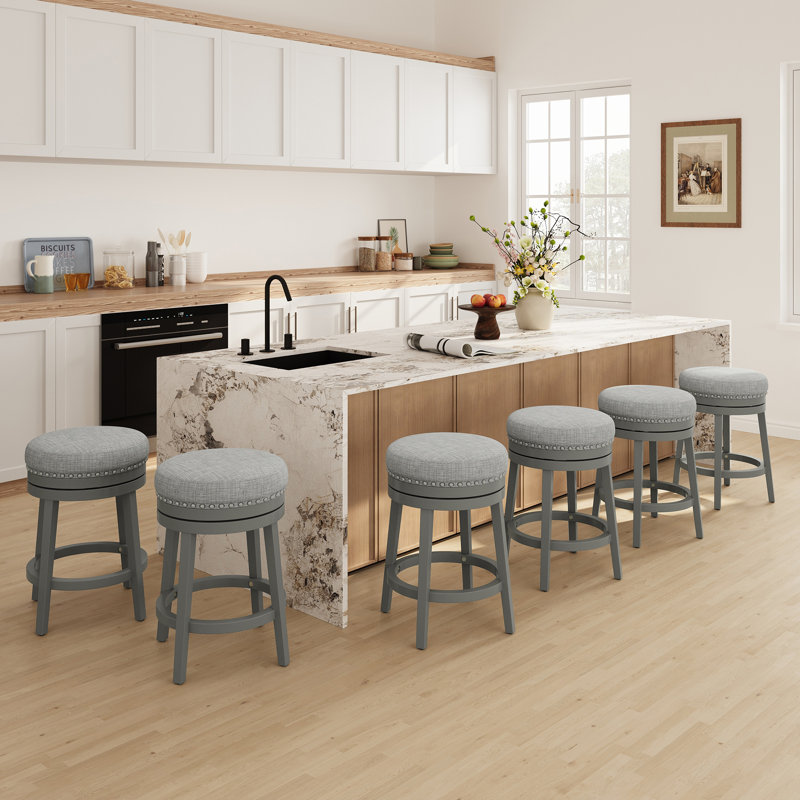 Upholstered Swivel Solid Wood Frame Bar Stool, Gray