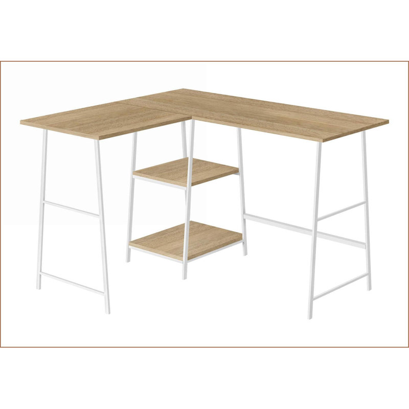 Bureaux, bureau d'ordinateur en L industriel avec tablettes de rangement, L 48 po, métal blanc naturel stratifié | Naturel | Métal