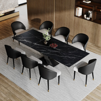 Ensemble de salle à manger extensible en pierre frittée 94,48 po avec 8 chaises en cuir Russile