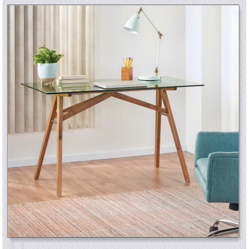 Bureau d'ordinateur moderne en verre trempé et en bois d'acacia, idéal pour les bureaux à domicile et les salles de conférence, durable et élégant