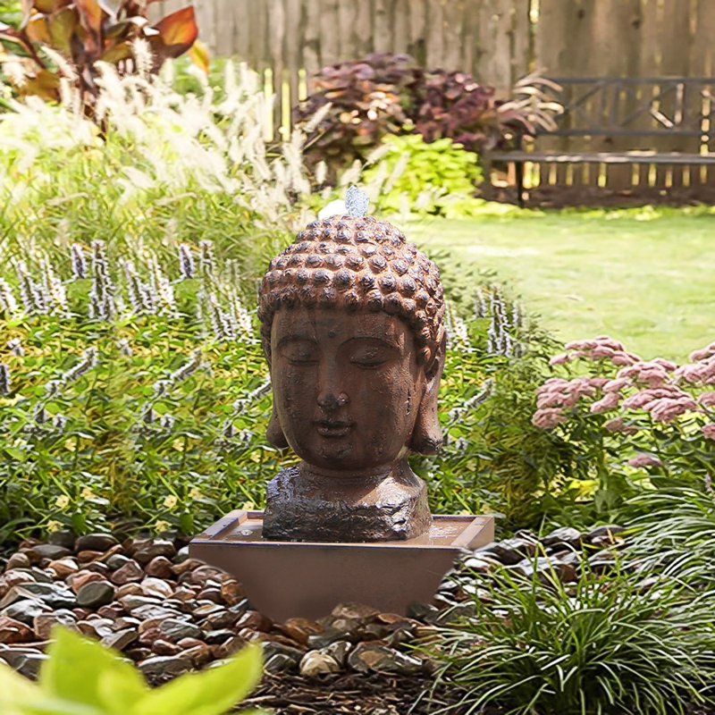 Fontaine bouddha 22 "avec lumières DEL - Fontaine décorative zen en résine pour une utilisation intérieure / extérieure en finition roche