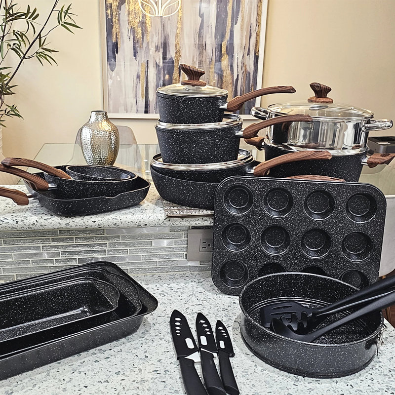 Donnovin 30 - Piece Non-Stick Aluminum Cookware Set, Black