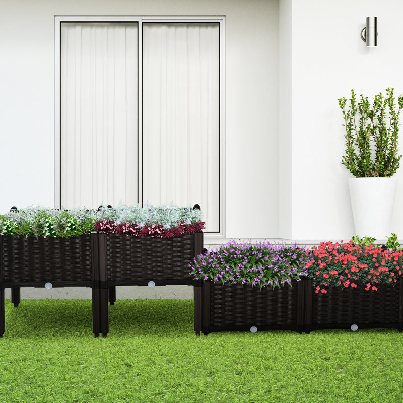 Lit de plantation surélevé brun avec pieds et jardin, boîte à fleurs en plastique 4 pièces pour herbes, légumes, fleurs, herbes et lueur