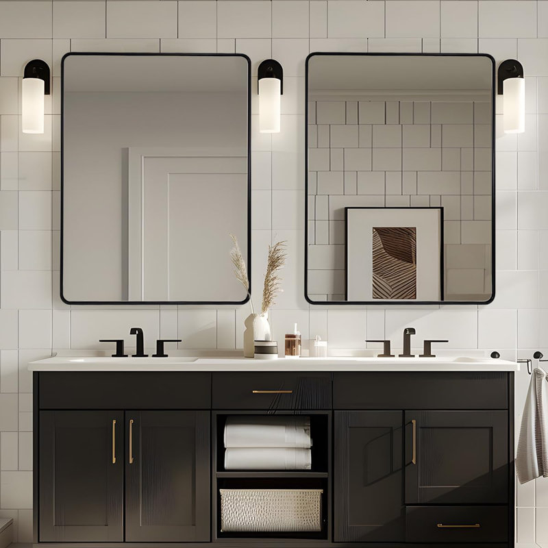 Miroir de salle de bain rectangulaire contemporain | Cadre épais en acier inoxydable, Noir mat, 48 po x 36 po