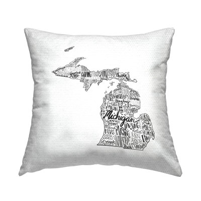 Michigan State Typography Cities Map Shape Outdoor Printed Pillow by Saturday Evening Post