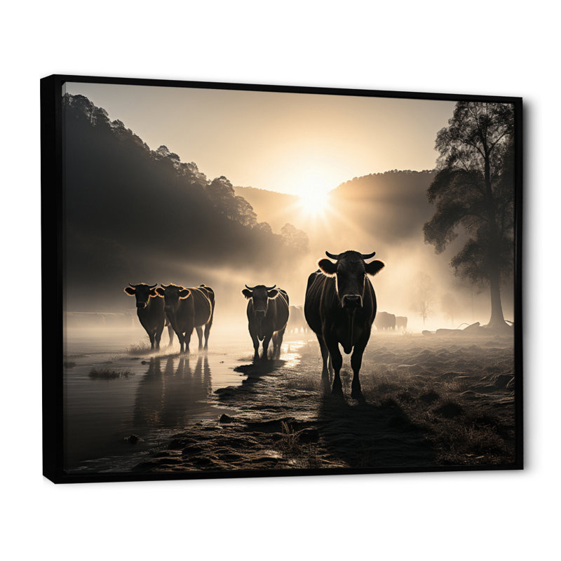 Kerbie Bétail Misty Morning Grazing III - Imprimé, H 34 po x l 44 po x P 1,5 po, Cadre flottant noir