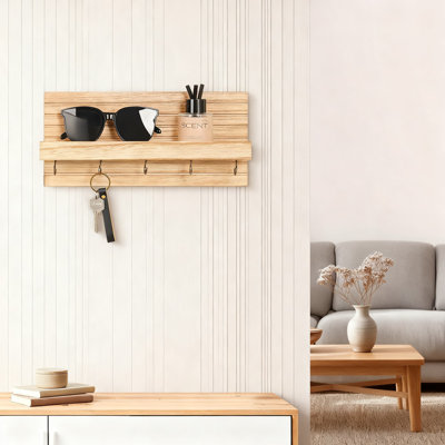 Wall Mounted Key Holder With Shelf And Hooks For Entryway Organization, Sturdy Wood And Design For Leashes Coats And Glasses