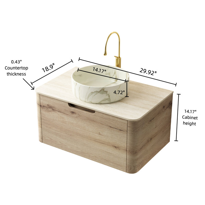 Meuble-lavabo de salle de bain d'une largeur de 36 po, armoire flottante en contreplaqué, vasque en céramique teintée, comptoir en pierre frittée, couleur chêne blanc, meuble-lavabo facile à installer, tiroir d'armoire, motif, plateau, pré-assembl?