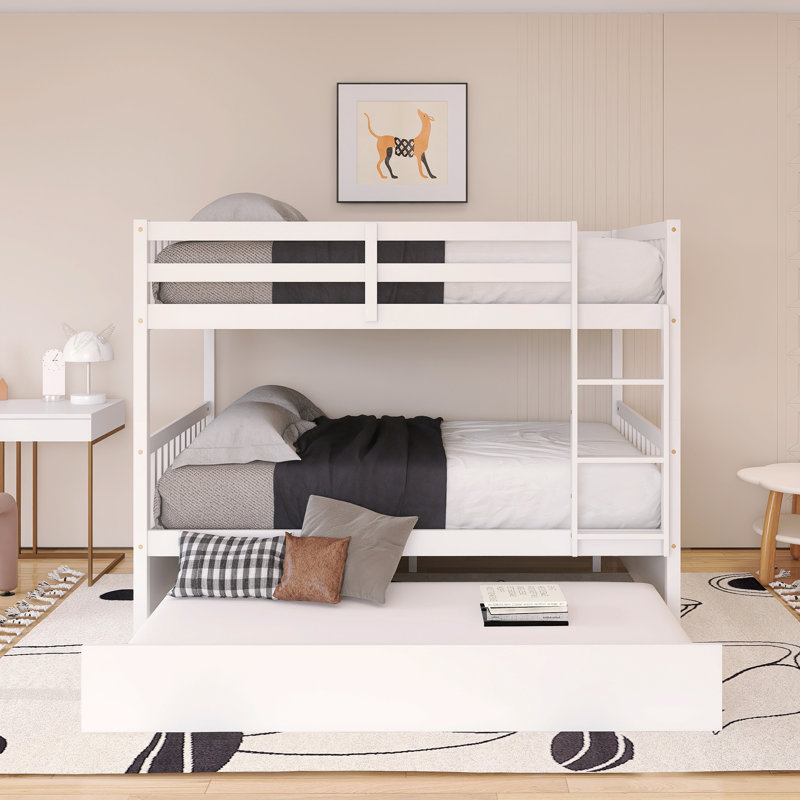 Wood Frame Full Over Full Size Bunk Bed With Trundle, Ladder And Guardrails, White