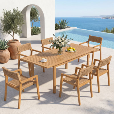 Outdoor 6-person Solid Wood Extendable Table And Dinning Chair Set