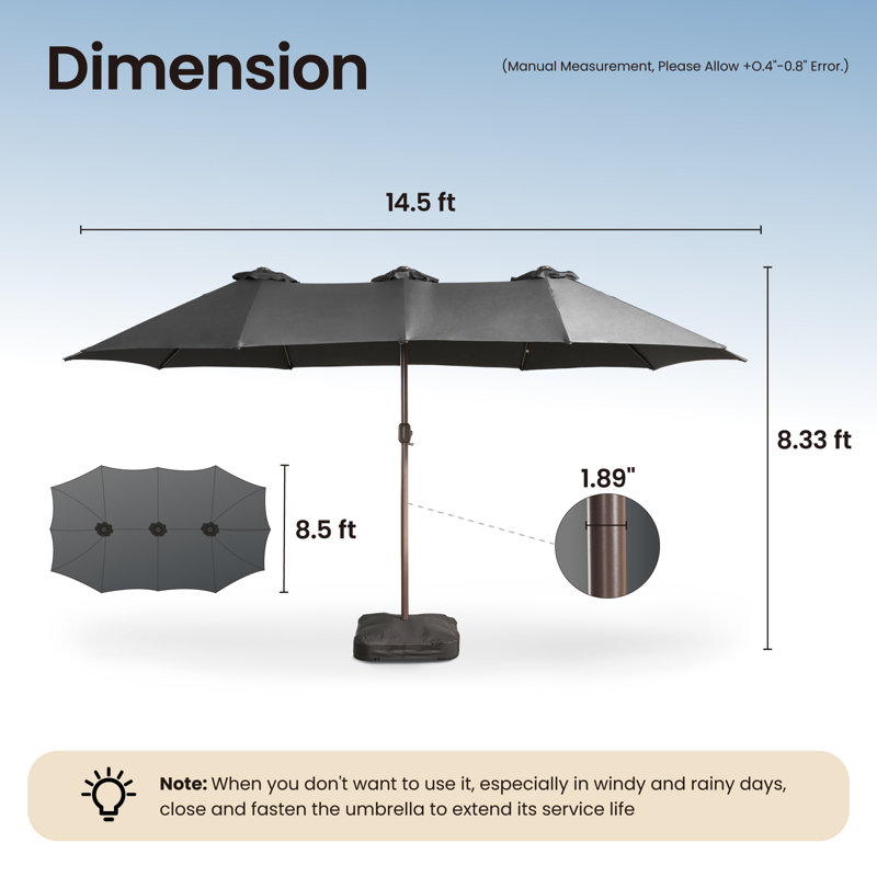 Parasol de marché rectangulaire à double face avec base Emanuell 14,5 pi X 8,3 pi, Gris