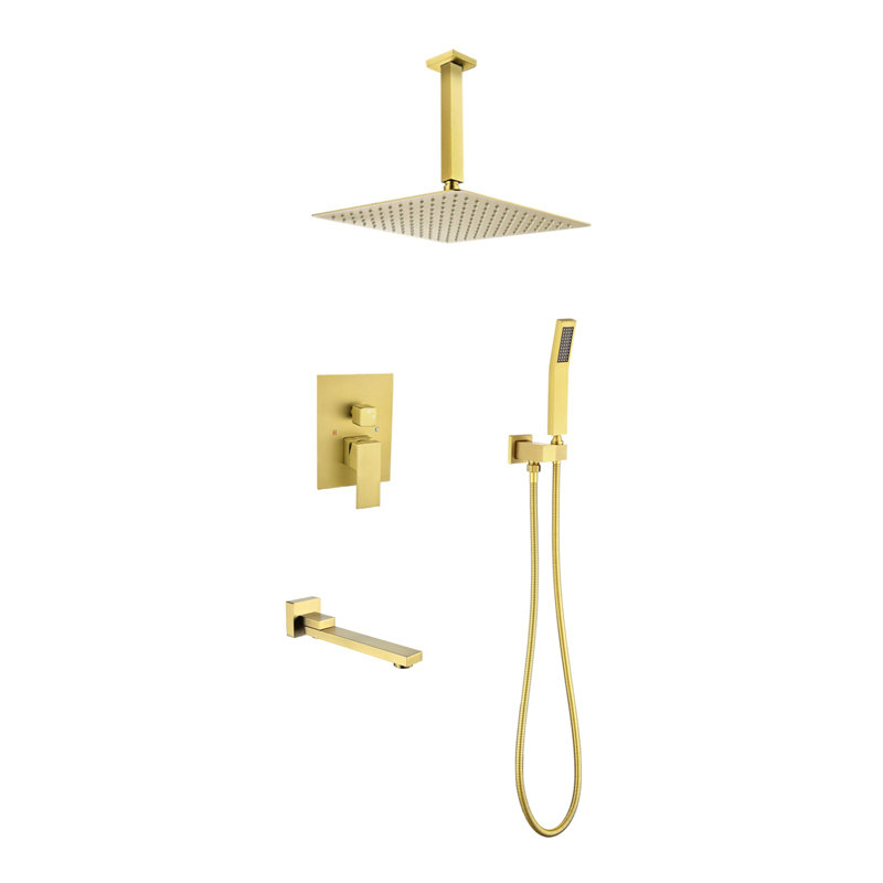 16 Inch Rainfall Shower System Combo with Handheld Shower and Tub Spout, Brushed Gold Brass Bathroom Shower Fixture