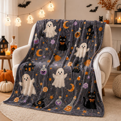 Haunted House Halloween Blanket with Ghosts, Black Cats, Brooms, Potions, Candy and Moons, Charcoal Flannel Throw for Couch Bed or Fall Decor, 30 x 40 in