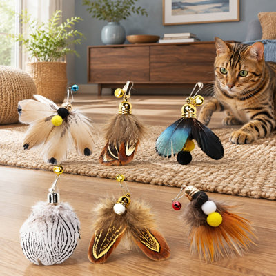 Ensemble de 6 recharges de plumes naturelles imitant les insectes, avec clochettes et accessoires interactifs pour chats.
