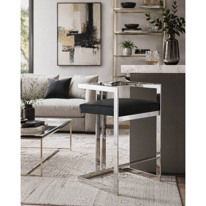 Kenzie Bar Stool with Footrest - Faux Leather Bar Stool – Modern Upholstered Bar-Height Seating with Steel Metal Legs -Vegan/Faux Leather - Black and Silver Bar Stool