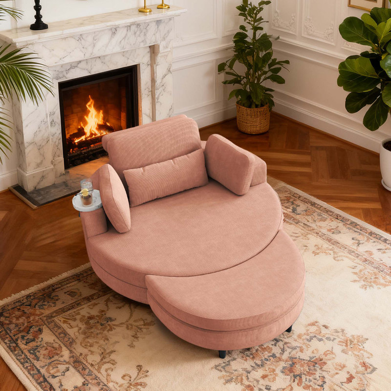 51 Inch Round Modular Accent Sofa With Storage Ottoman & Tray, Orange Corduroy Upholstered Couch For Vintage Style Living Room