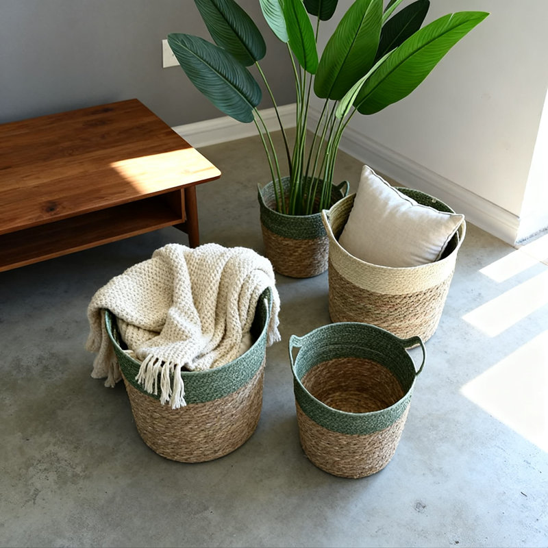 Large, Medium, Small,3Pcs,Handwoven Seagrass Storage Basket With Handles, Large Woven Laundry Hamper, Plant Pot Cover, Decorative Home Organizer For Bedroom, Bathroom, And Living Room