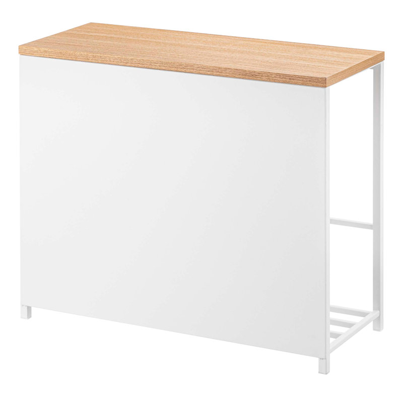White Steel and Wood Entryway Storage Bench with Concealed Shelf