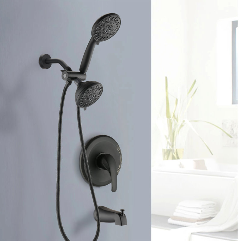 Matte Black Shower Tub With High Dual . 7 Spray Modes Head & Hand Shower. All Metal Structure. 1.8 Gpm Flow Rate. 59" Hose. 1/2" Connection. Wall Mounted System Spout - Black. 2 In 1 For Reviving