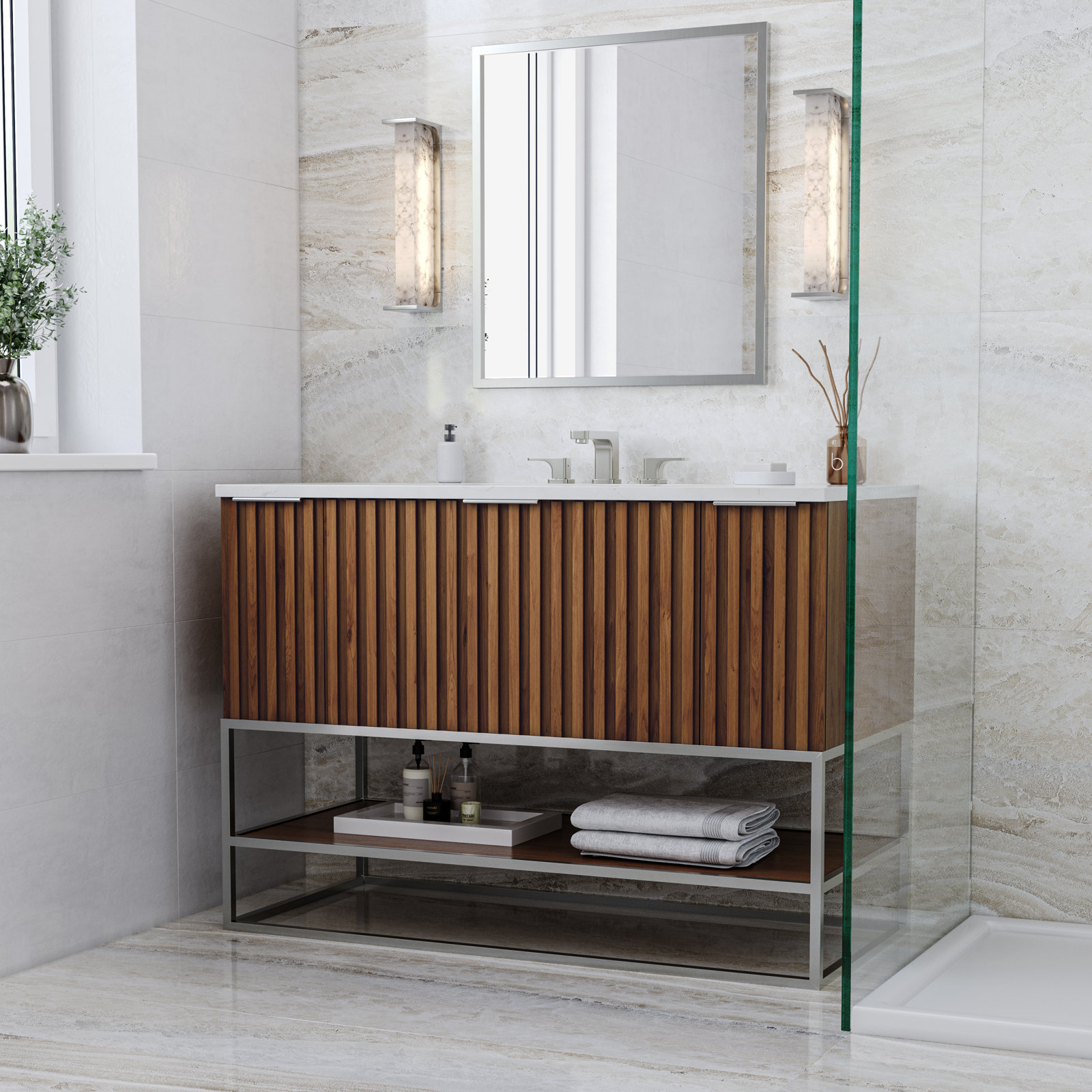 Terra 48'' Single Bathroom Vanity, Walnut, Brushed Nickel, Calacatta Quartz/Widespread Faucet Mount