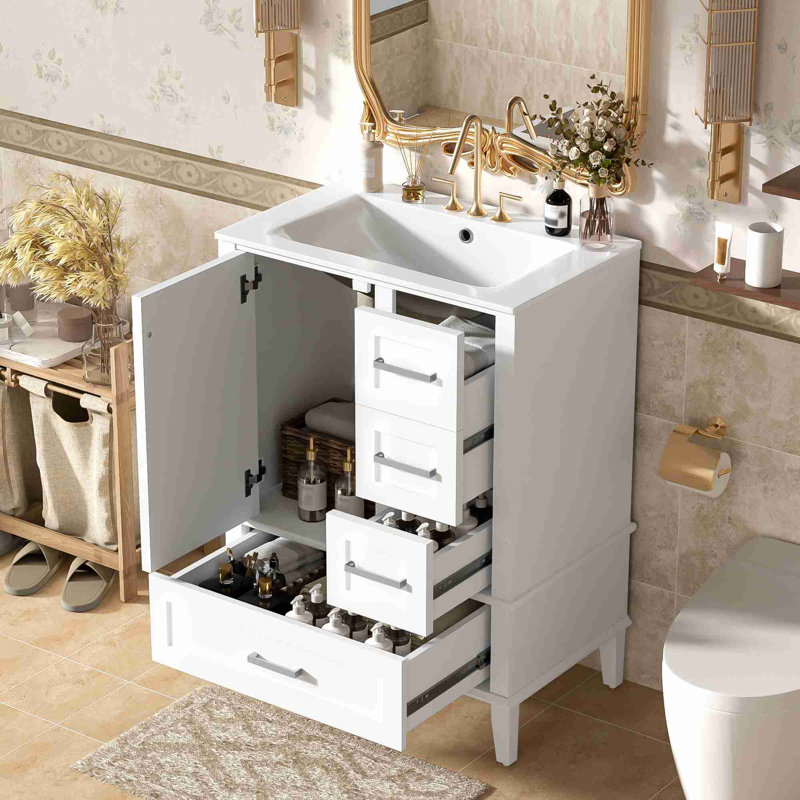 Meuble-lavabo de salle de bain avec rangement, Argent argent, Blanc, 24"
