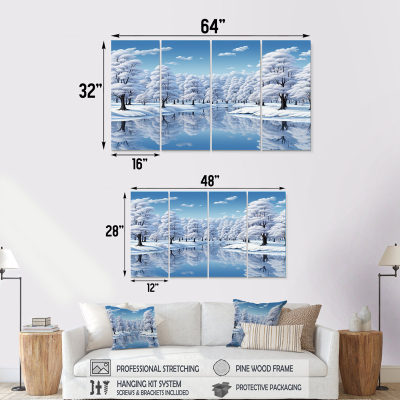 «Snowy Lake Winter Photo Landscape - Winter Landscape», art mural 4 pièces, H 28 po x l 48 po