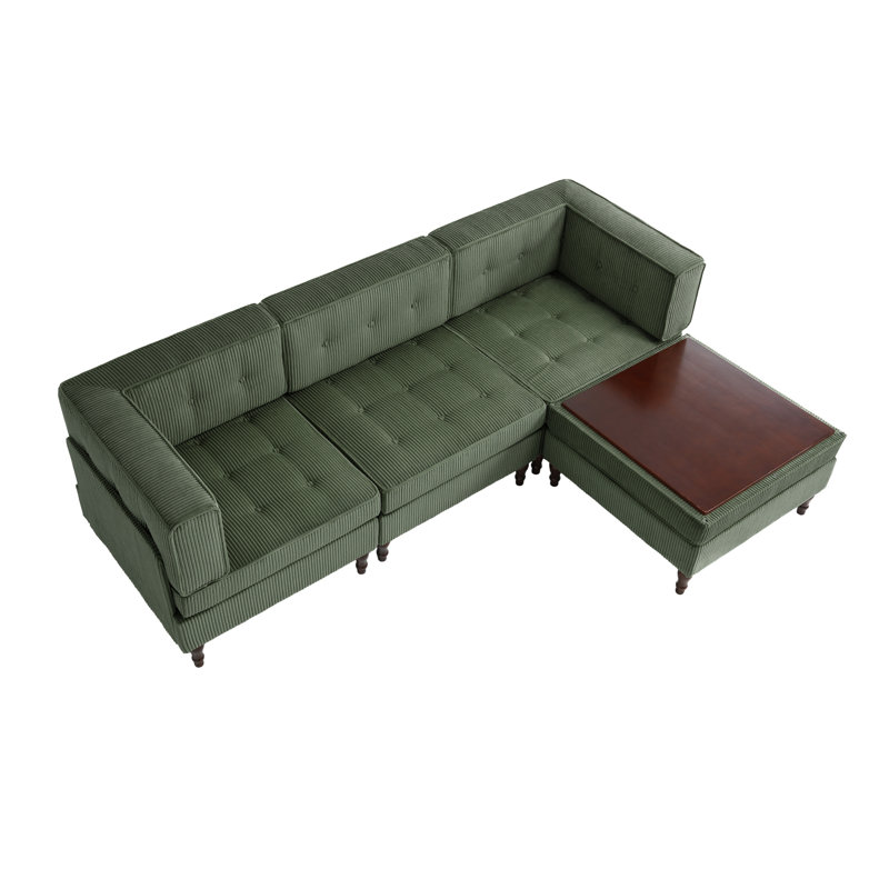 4 - Piece Upholstered Tufted Corduroy Modular Corner Sofa with Pillow Back and Removable Flip-Tray Top Storage Ottoman 